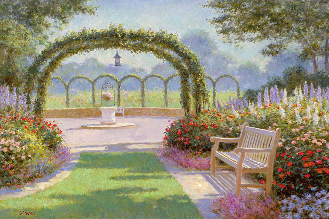 Oil painting for sale titled Rose Arbor at Longwood Gardens by the artist Bi Wei Liang Tronolone