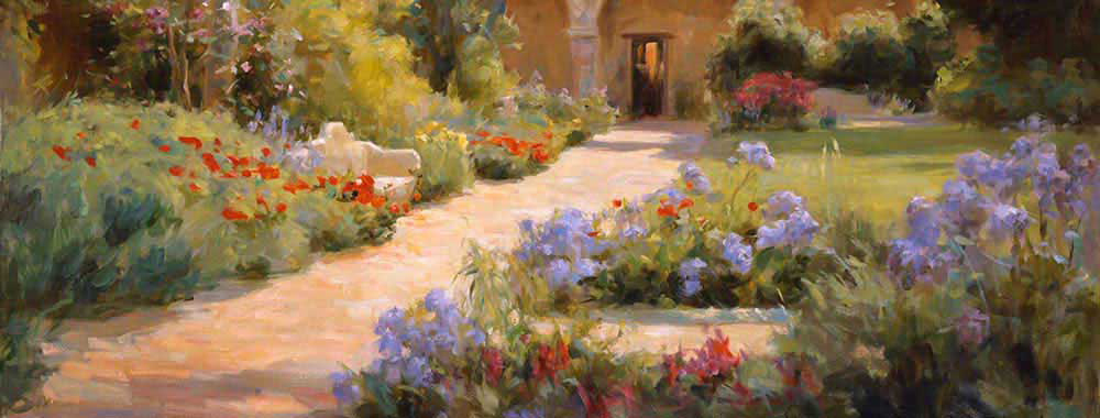 Canvas print of the oil painting Cappistrano Mission art for sale by the artist Bi Wei Liang 