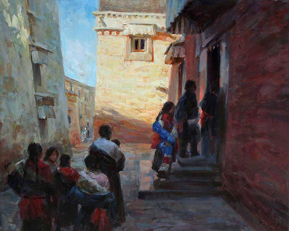 Oil painting for sale titled Entering the Tibetan Temple by the artist Bi Wei Liang Tronolone