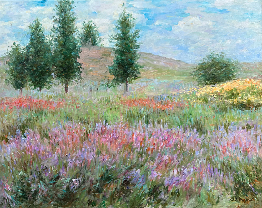Oil painting for sale titled Lavender Flower Fields by the artist Bi Wei Liang Tronolone