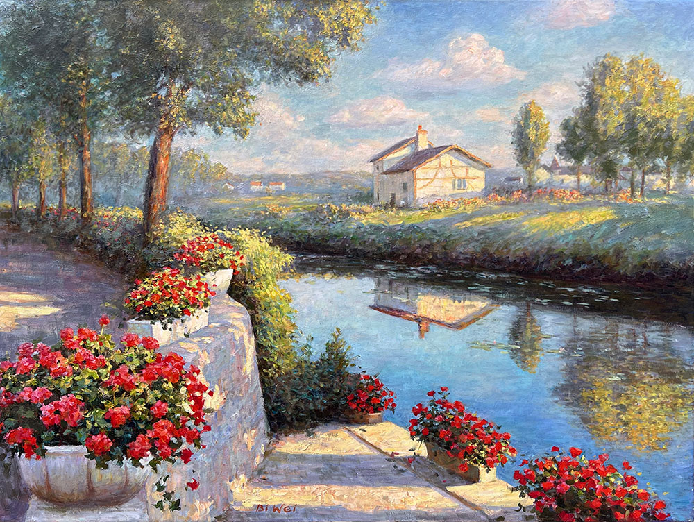 Oil painting for sale titled Reflection along the Serein River France by the artist Bi Wei Liang Tronolone