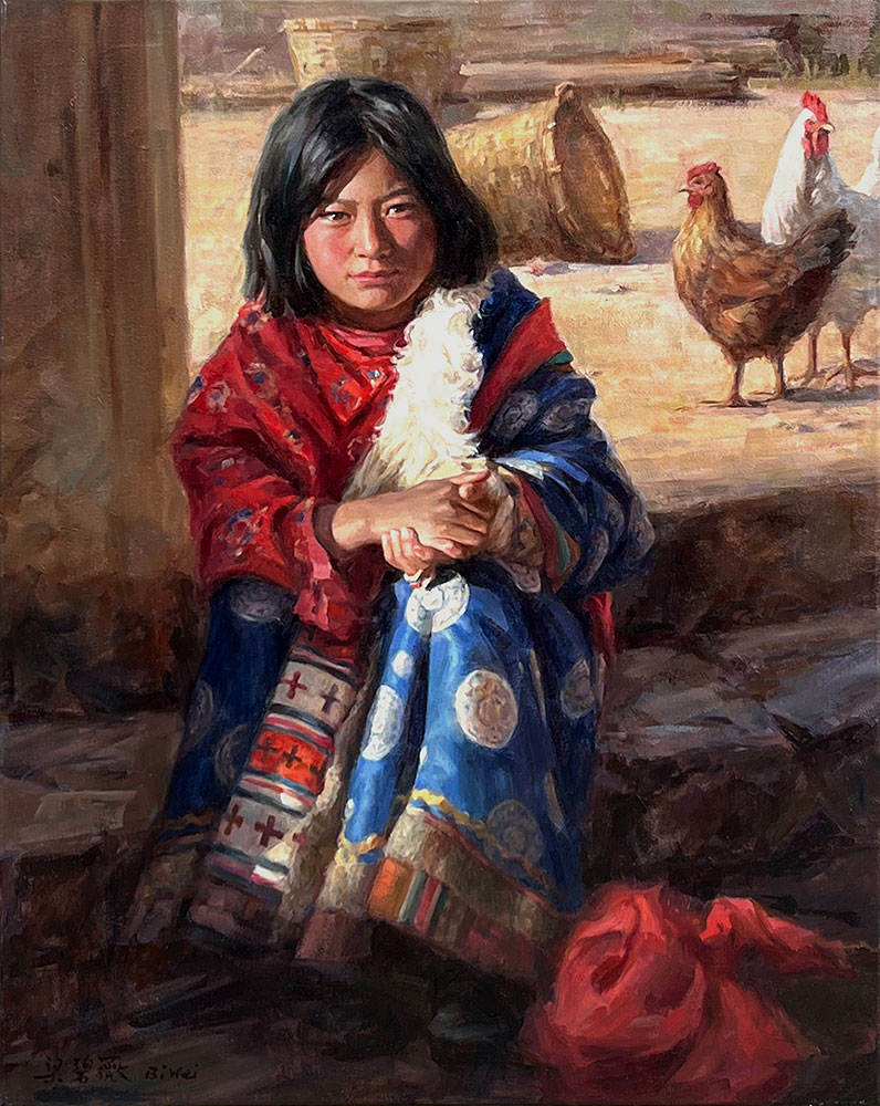 Oil painting for sale titled Tibetan Girl Dress for Temple by the artist Bi Wei Liang Tronolone