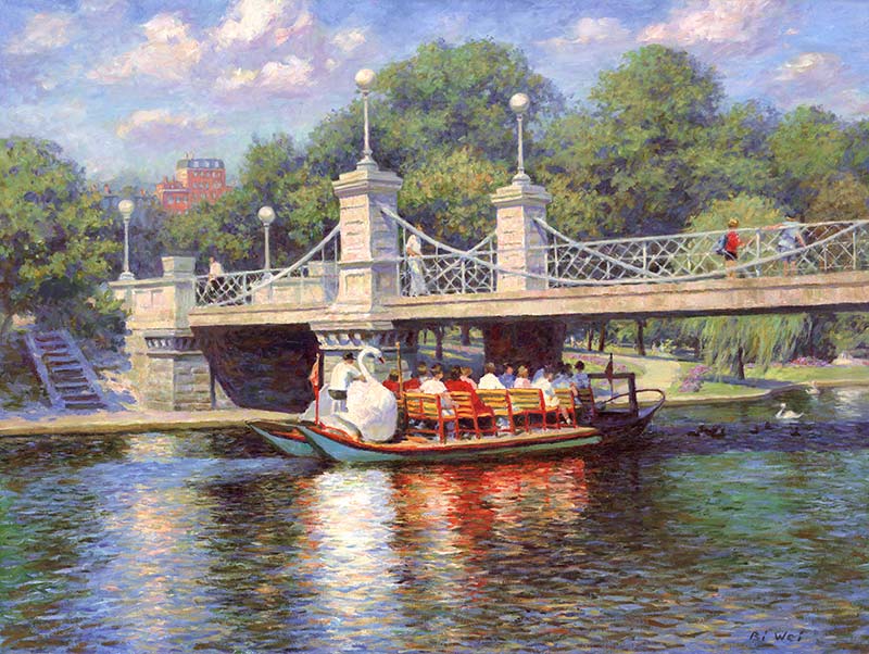Canvas print, painting titled Boston Garden Swan Boats by the artist Bi Wei Liang Tronolone