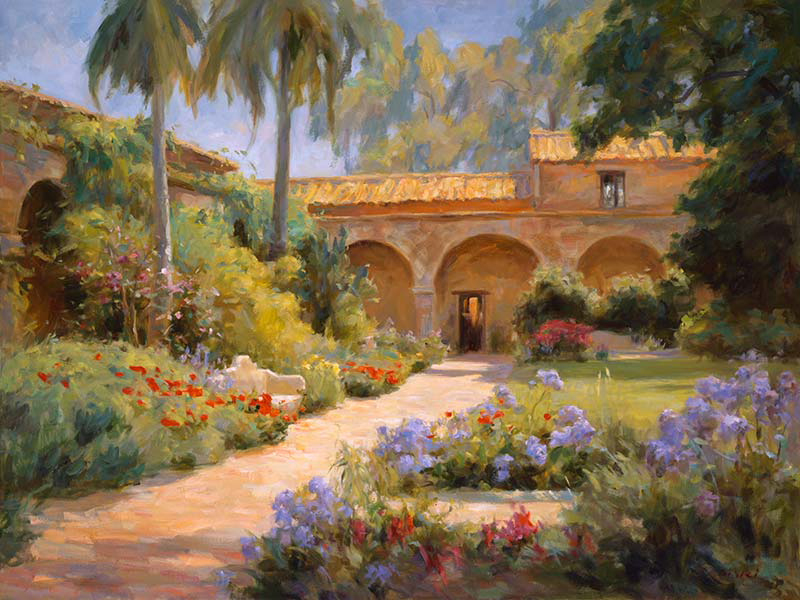 Canvas print, painting titled Cappistrano Mission by the artist Bi Wei Liang Tronolone